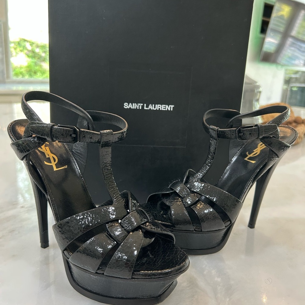 Yves Saint Laurent Shiny Black Strappy Heels like new YSL